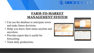 FARM-TO-MARKET
MANAGEMENT SYSTEM
• Can use the database to anticipate errors
and make future decisions.
• Helps you know farm status anytime and
anywhere.
• Provides report that is useful for
forecasting.
• Track daily productions.
 