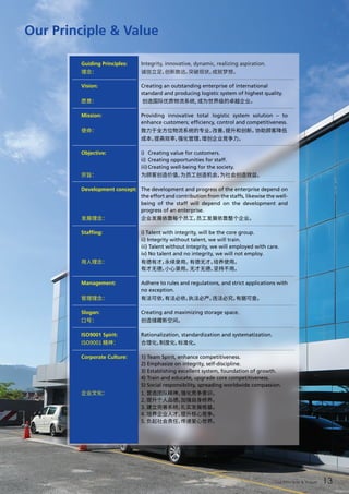 Our Principle & Value 13
Our Principle & Value
Guiding Principles: 	 Integrity, innovative, dynamic, realizing aspiration.
理念：	 诚信立足，创新致远，突破现状，成就梦想。
Vision: 	 Creating an outstanding enterprise of international 	
	 standard and producing logistic system of highest quality.
愿景：	 创造国际优质物流系统, 成为世界级的卓越企业。
Mission: 	 Providing innovative total logistic system solution – to
	 enhance customers; efficiency, control and competitiveness.
使命：	 致力于全方位物流系统的专业，改善，提升和创新。协助顾客降低	
	 成本，提高效率，强化管理，增创企业竞争力。
Objective:	 i)	 Creating value for customers.
	 ii)	 Creating opportunities for staff.
	 iii)	Creating well-being for the society.
宗旨：	 为顾客创造价值，为员工创造机会，为社会创造效益。
Development concept: 	 The development and progress of the enterprise depend on
	 the effort and contribution from the staffs, likewise the well-
	 being of the staff will depend on the development and
	 progress of an enterprise.
发展理念：	 企业发展依靠每个员工，员工发展依靠整个企业。
Staffing: 	 i) Talent with integrity, will be the core group.
	 ii) Integrity without talent, we will train.
	 iii) Talent without integrity, we will employed with care.
	 iv) No talent and no integrity, we will not employ.
用人理念：	 有德有才，永续录用。有德无才，培养使用。
	 有才无德，小心录用。无才无德，坚持不用。
Management: 	 Adhere to rules and regulations, and strict applications with
	 no exception.
管理理念：	 有法可依，有法必依，执法必严，违法必究，有据可查。
Slogan: 	 Creating and maximizing storage space.
口号：	 创造储藏新空间。
ISO9001 Spirit: 	 Rationalization, standardization and systematization.
ISO9001 精神：	 合理化，制度化，标准化。
Corporate Culture:	 1) Team Spirit, enhance competitiveness.
	 2) Emphasize on integrity, self-discipline.
	 3) Establishing excellent system, foundation of growth.
	 4) Train and educate, upgrade core competitiveness.
	 5) Social responsibility, spreading worldwide compassion.
企业文化： 	 1. 营造团队精神，强化竞争意识。
	 2. 提升个人品德，加强自身修养。
	 3. 建立完善系统，扎实发展根基。
	 4. 培养企业人才，提升核心竞争。
	 5. 负起社会责任，传递爱心世界。
 