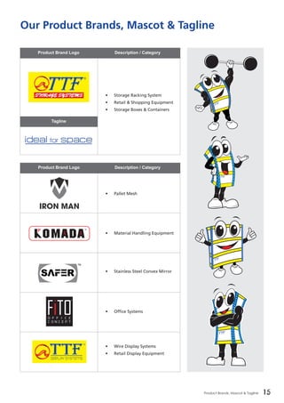 15Product Brands, Mascot & Tagline 15
Our Product Brands, Mascot & Tagline
Product Brand Logo
Product Brand Logo
Tagline
Description / Category
Description / Category
•	 Storage Racking System
•	 Retail & Shopping Equipment
•	 Storage Boxes & Containers
•	 Pallet Mesh
•	 Material Handling Equipment
•	 Stainless Steel Convex Mirror
•	 Office Systems
•	 Wire Display Systems
•	 Retail Display Equipment
IRON MAN
 