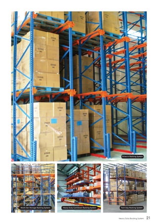 Heavy Duty Racking System 21
Drive-in Racking System
Twin-bay Racking SystemHeavy Duty Cantilever Racking SystemMulti-tier Storage Racking System
 