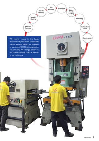 Introduction 9
Concept
Planning
Mould
Making
Robotic
Welding
Roll
Forming
Stamping
Epoxy
Powder
Coating
Exporting
Installation
Team
TTF heavily invests in the latest
machinery of production and quality
control. We also subject our products
to a stringent SIRIM QAS compression
test annually. We strongly believe in
our product quality, safety & services
to our customers.
Construction
 