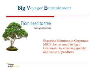 Big V oyager  E ntertainment Expertise Solutions in Corporate MICE  for an small to big a Corporate  by ensuring quality and value of products. 