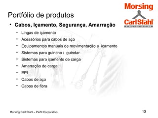13
Portfólio de produtos
Morsing Carl Stahl – Perfil Corporativo

Cabos, Içamento, Segurança, Amarração

Lingas de içamento

Acessórios para cabos de aço

Equipamentos manuais de movimentação e içamento

Sistemas para guincho / guindar

Sistemas para içamento de carga

Amarração de carga

EPI

Cabos de aço

Cabos de fibra
 