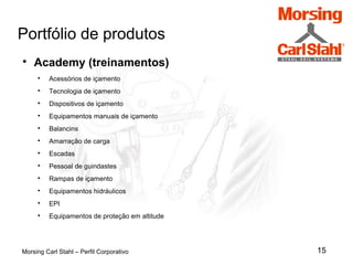 15
Portfólio de produtos
Morsing Carl Stahl – Perfil Corporativo

Academy (treinamentos)

Acessórios de içamento

Tecnologia de içamento

Dispositivos de içamento

Equipamentos manuais de içamento

Balancins

Amarração de carga

Escadas

Pessoal de guindastes

Rampas de içamento

Equipamentos hidráulicos

EPI

Equipamentos de proteção em altitude
 