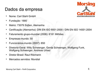 5
Dados da empresa
Morsing Carl Stahl – Perfil Corporativo

Nome: Carl Stahl GmbH

Fundação: 1880

Matriz: 73079 Süβen, Alemanha

Certificação (Alemanha): DIN EN ISO 9001:2000 / DIN EN ISO 14001:2004

Faturamento grupo-mundial (2006): €181 Milhões

Empresas-mundo: 50

Funcionários-mundo (2007): 850

Diretoria-Geral: Willy Schwenger, Gerda Schwenger, Wolfgang Funk,
Wolfgang Schwenger, Andreas Urbez

Diretor Brasil: Raul Ritzmann

Mercados servidos: Mundial
 