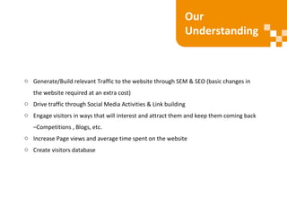 o Generate/Build relevant Traffic to the website through SEM & SEO (basic changes in
the website required at an extra cost)
o Drive traffic through Social Media Activities & Link building
o Engage visitors in ways that will interest and attract them and keep them coming back
–Competitions , Blogs, etc.
o Increase Page views and average time spent on the website
o Create visitors database
Our
Understanding
 