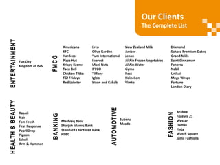 Our Clients
The Complete List
Americana
KFC
Hardees
Pizza Hut
Krispy Kreme
Taco Bell
Chicken Tikka
TGI Fridays
Red Lobster
Erco
Olive Garden
Yum International
Everest
Mani Nuts
IFFCO
Tiffany
Igloo
Noon and Kabab
New Zealand Milk
Amber
Jenan
Al Ain Frozen Vegetables
Al Ain Water
Gyma
Best
Heineken
Vimto
Diamond
Sahara Premium Dates
Grand Mills
Saint Cinnamon
Fonerra
Nabil
Unikai
Mega Wraps
Fortune
London Diary
Mashreq Bank
Sharjah Islamic Bank
Standard Chartered Bank
HSBC
Subaru
Mazda
Arabee
Forever 21
Westar
Damas
Finja
Watch Square
Jamil Fashions
Rasasi
Nair
Fem Fresh
First Response
Pearl Drop
Pigeon
Scholl
Arm & Hammer
Fun City
Kingdom of ISIS
 