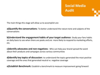 The main things this stage will allow us to accomplish are:
a)Quantify the conversations: To better understand the nature tone and subjects of the
conversations
b)Understand the engagement habits of your target audience: Study your fans habits
on daily basis to see when there are peaks and are more likely to respond to marketing efforts,
etc.
c)Identify advocates and non-negatives: Who can help your brand spread the word
about their products and campaigns across various communities
d)Identify key topics of discussion: to understand the topics generated the most positive
coverage and the ones that generated neutral vs. negative coverage
e)Establish Benchmark: Establish a benchmark to measure improvement going forward
Social Media
Audit
 