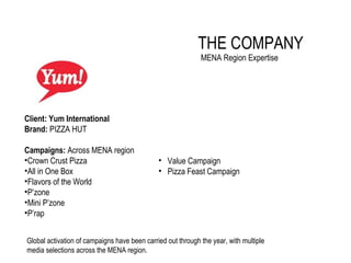 THE COMPANY
MENA Region Expertise
Client: Yum International
Brand: PIZZA HUT
Campaigns: Across MENA region
•Crown Crust Pizza
•All in One Box
•Flavors of the World
•P’zone
•Mini P’zone
•P’rap
Global activation of campaigns have been carried out through the year, with multiple
media selections across the MENA region.
• Value Campaign
• Pizza Feast Campaign
 