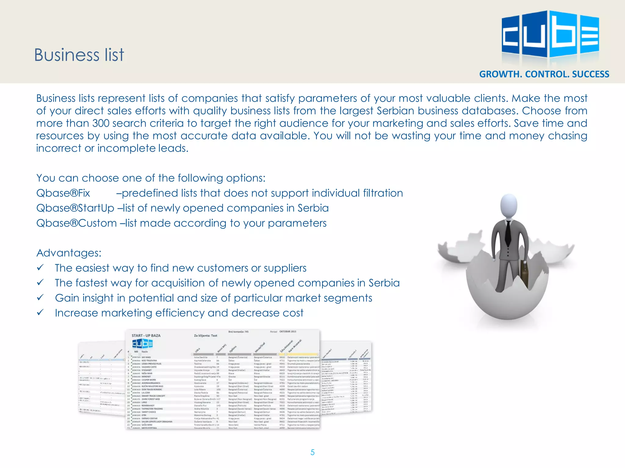 GROWTH. CONTROL. SUCCESS 
Business list 
Business lists represent lists of companies that satisfy parameters of your most valuable clients. Make the most of your direct sales efforts with quality business lists from the largest Serbian business databases. Choose from more than 300 search criteria to target the right audience for your marketing and sales efforts. Save time and resources by using the most accurate data available. You will not be wasting your time and money chasing incorrect or incomplete leads. 
You can choose one of the following options: 
Qbase®Fix –predefined lists that does not support individual filtration 
Qbase®StartUp –list of newly opened companies in Serbia 
Qbase®Custom –list made according to your parameters 
Advantages: 
The easiest way to find new customers or suppliers 
The fastest way for acquisition of newly opened companies in Serbia 
Gain insight in potential and size of particular market segments 
Increase marketing efficiency and decrease cost 
5  