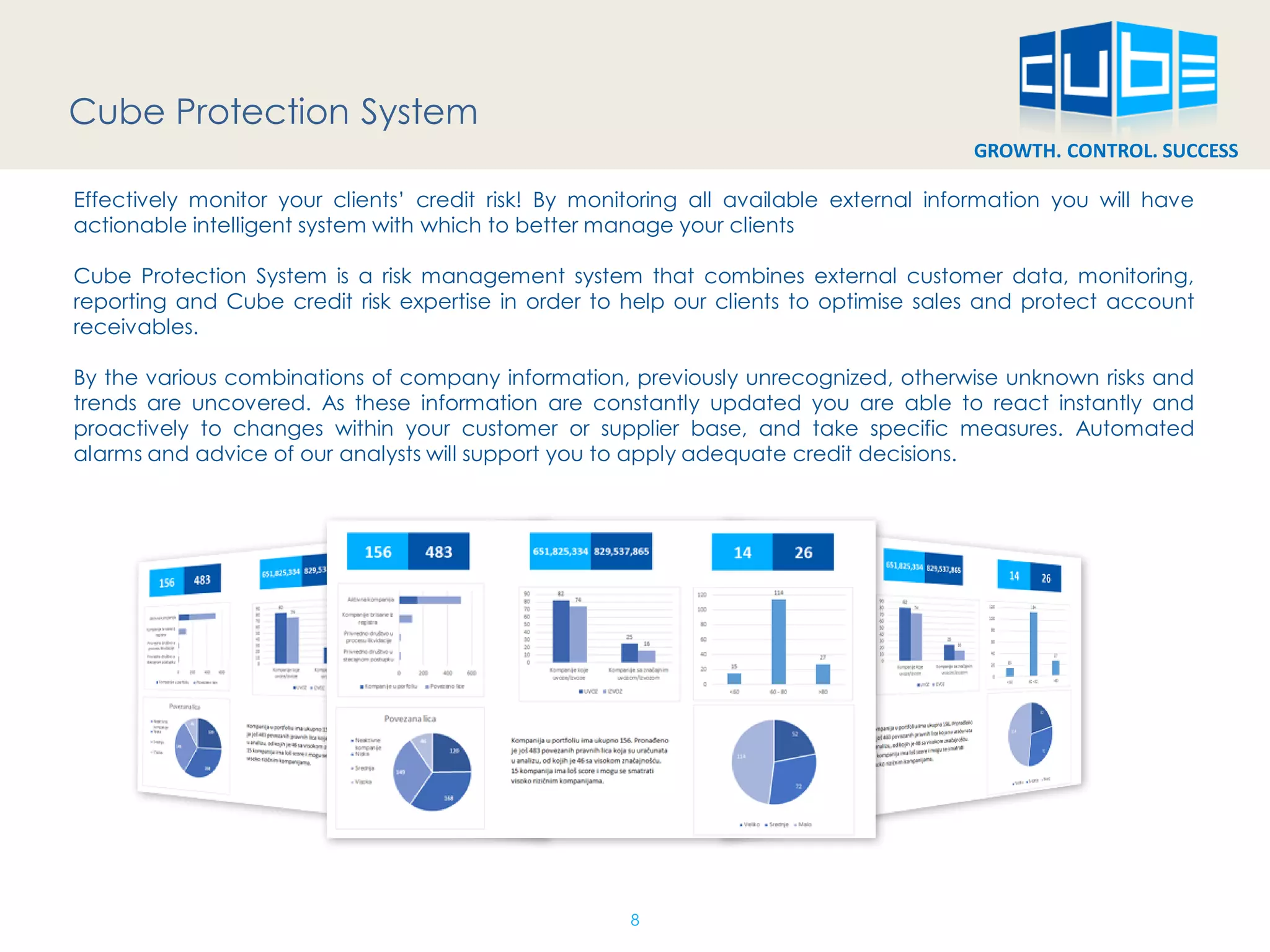 GROWTH. CONTROL. SUCCESS 
Cube Protection System 
Effectively monitor your clients’ credit risk! By monitoring all available external information you will have actionable intelligent system with which to better manage your clients 
Cube Protection System is a risk management system that combines external customer data, monitoring, reporting and Cube credit risk expertise in order to help our clients to optimise sales and protect account receivables. 
By the various combinations of company information, previously unrecognized, otherwise unknown risks and trends are uncovered. As these information are constantly updated you are able to react instantly and proactively to changes within your customer or supplier base, and take specific measures. Automated alarms and advice of our analysts will support you to apply adequate credit decisions. 
8  