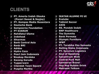  PT. Amerta Indah Otsuka
(Pocari Sweat & Soyjoy)
 PT. Kompas Media Nusantara
 Deutsche Bank
 Sampoerna Foundation
 PT DJARUM
 Nahdlatul Ulama
 Indofood
 Sinarmas
 Bank Central Asia
 Bank BRI
 Adidas
 Hydro Coco
 Pearl Jam Indonesia
 Bioskop Merdeka
 Kacang Garuda
 Tupperware
 Cilandak Town Square
 Puspita Martha
CLIENTS
 IKATAN ALUMNI FE UI
 Evalube
 Tabloid Soccer
 AXIS
 RS. Pondok Indah
 BNP Healthcare
 The Summits
 Bank Permata
 Olympic Furniture
 WWF
 PT. Torabika Eka Semesta
 Rolling Stone Indonesia
 PT. Syncrum Logistics
 Soul of Speaking
 Epicentrum Walk
 Central Park Mall
 Gambaran Brand
 Hop Hop Bubble Drink
 Metrasat Telkom
 