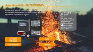 1
Linee di prodotto: ANTINCENDIO
Ibridi
Convenzionali
Analogico
indirizzati
Prodotti di
punta
Serie Tacóra
centrali convenzionali
e convenzionali/
analogico indirizzate
Wireless
FXPRO centrali
analogico indirizzate
fino a 20 loop
Produciamo e distribuiamo dispositivi per sistemi di
tipo analogico indirizzato e convenzionali, certificati
secondo le normative in vigore
 