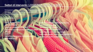 Settori di intervento: LOGISTICA, RETAIL e GDO
Sviluppiamo soluzioni integrate di gestione degli HUB e
dei centri di smistamento, centri comemrciali e luoghi ad
elevata concentrazione
I nostri clienti:
Alì SUPERMERCATI
BRT CORRIERE
CENTRO COMMERCIALE GIOTTO
CENTRO DISTRIBUZIONE TRONY CALABRIA
(DICAL)
COOP
GRUPPO CREMONINI (ROADHOUSE)
IN’S MERCATO
LUIS VUITTON (pdv Outlet Castelromano)
PDV ROLEX di Pescara
SDA EXPRESS COURIER
SUPERMERCATI GABRIELLI
SUPERMERCATI PAM PANORAMA
UNICOMM (MEGA, FAMILA, A&O, EMISFERO)
ZEGNA (pdv Outlet Castelromano)
 