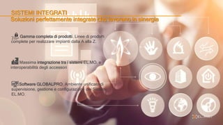Gamma completa di prodotti. Linee di prodotti
complete per realizzare impianti dalla A alla Z.
SISTEMI INTEGRATI
Soluzioni perfettamente integrate che lavorano in sinergia
Software GLOBALPRO. Ambiente unificato di
supervisione, gestione e configurazione dei Sistemi
EL.MO.
Massima integrazione tra i sistemi EL.MO. e
interoperabilità degli accessori
 