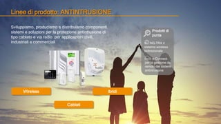 Linee di prodotto: ANTINTRUSIONE
Ibridi
Cablati
Wireless
NG-TRX il
sistema wireless
bidirezionale
Prodotti di
punta
e-Connect
per la gestione da
remoto dei sistemi
antintrusione
Sviluppiamo, produciamo e distribuiamo componenti,
sistemi e soluzioni per la protezione antintrusione di
tipo cablato e via radio per applicazioni civili,
industriali e commerciali
 
