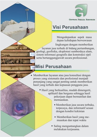 GONWANA PERSADA RESOURCES
Visi Perusahaan
Misi Perusahaan
Mengedepankan aspek masa
depan kehidupan berwawasan
lingkungan dengan memberikan
layanan jasa terbaik di bidang pertambangan,
geologi, geofisika, eksplorasi sumberdaya alam,
sistem informasi geografis dan konstruksi sipil
serta bertanggungjawab secara professional.
Memberikan layanan atau jasa konsultasi dengan
proses yang sistematis dan profesional menjadi
penunjang yang sangat penting untuk memberikan
hasil yang terbaik dan kepuasan pengguna jasa.
Hasil yang berkualitas, mudah dimengerti,
aplikatif dan berguna sehingga hasil
pekerjaan dapat bermanfaat dan
memuaskan.
Memberikan jasa secara terbuka,
terpecaya, dan informatif sesuai
dengan kondisi kekinian
Memberikan hasil yang me-
muaskan dan tepat waktu
Saling menguntungkan dalam
melakukan kerjasama.
 