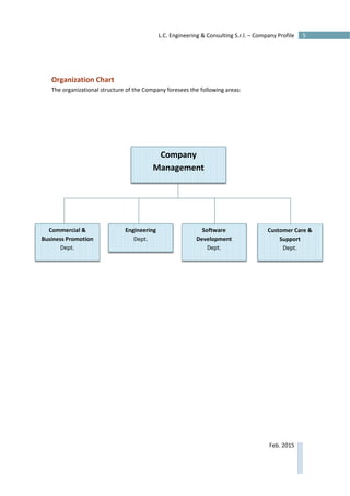  
 
5L.C. Engineering & Consulting S.r.l. – Company Profile 
Feb. 2015
 
Organization Chart 
The organizational structure of the Company foresees the following areas: 
 
 
 
   
Company 
Management 
Commercial & 
Business Promotion 
Dept. 
Engineering  
Dept. 
Software 
Development 
Dept. 
Customer Care & 
Support 
Dept. 
 