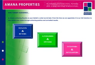 OUR TARGET AUDIENCE…


At Amana achieving Results on your behalf, is what we do best. From the time we are appointed, it is our full intention to
fully satisfy your needs through achieving positive and unrivalled results.




               TENANTS

                    &
                BUYERS
                                                   LANDLORDS
                                                       LANDLOR
                                                         &DS
                                                          &
                                                    OWNERS
                                                       PROPERT
                                                          Y
                                                        OWNERS
                                                                                     INVESTORS

                                                                                           &
                                                                                    DEVELOPERS
 
