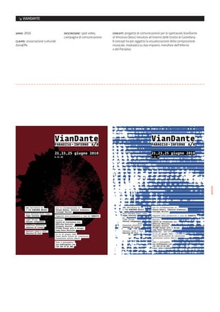 ↘ VIANDANTE


anno: 2010                        descrizione: spot video,    concept: progetto di comunicazione per lo spettacolo VianDante
                                  campagna di comunicazione   di Vincenzo Deluci tenutosi all’interno delle Grotte di Castellana.
cliente: associazione culturale                               Il concept ha per oggetto la visualizzazione della composizione
ZonaEffe                                                      musicale, modulata su due impianti, metafore dell’Inferno
                                                              e del Paradiso




                                                                                                                                    poster
 