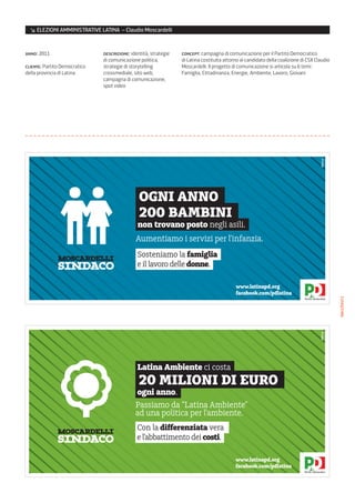↘ ELEZIONI AMMINISTRATIVE LATINA – Claudio Moscardelli


      anno: 2011                                         descrizione: identità, strategie   concept: campagna di comunicazione per il Partito Democratico
                                                         di comunicazione politica,         di Latina costituita attorno al candidato della coalizione di CSX Claudio
      cliente: Partito Democratico                       strategie di storytelling          Moscardelli. Il progetto di comunicazione si articola su 6 temi:
      della provincia di Latina                          crossmediale, sito web,            Famiglia, Cittadinanza, Energie, Ambiente, Lavoro, Giovani
                                                         campagna di comunicazione,
                                                         spot video




                                                                          OGNI ANNO
                                                                          200 BAMBINI
                                                                         non trovano posto negli asili.
                                                                        Aumentiamo i servizi per l’infanzia.

                                        MOSCARDELLI
                                                                         Sosteniamo la famiglia
                                        SINDACO                          e il lavoro delle donne.

                                                                                                                      www.latinapd.org
                                                                                                                      facebook.com/pdlatina




                                                                                                                                                                                       manifesti
  6x3-tessutosociale.indd 1                                                                                                                                           25/02/11 16.30




                                                                         Latina Ambiente ci costa
                                                                          20 MILIONI DI EURO
                                                                        ogni anno.
                                                                        Passiamo da “Latina Ambiente”
                                                                        ad una politica per l’ambiente.

                                        MOSCARDELLI
                                                                         Con la differenziata vera
                                        SINDACO                          e l’abbattimento dei costi.

                                                                                                                      www.latinapd.org
                                                                                                                      facebook.com/pdlatina
6x3-ambiente.indd 1                                                                                                                                                 02/03/11 12.01
 