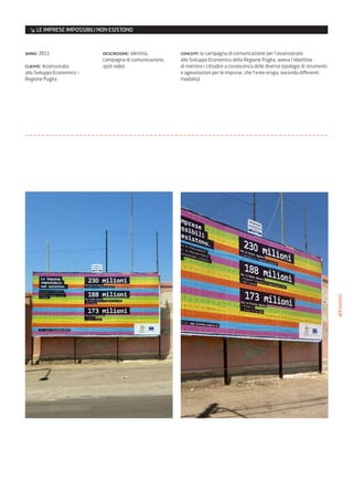 ↘ LE IMPRESE IMPOSSIBILI NON ESISTONO


anno: 2011                  descrizione: identità,       concept: la campagna di comunicazione per l’assessorato
                            campagna di comunicazione,   allo Sviluppo Economico della Regione Puglia, aveva l’obiettivo
cliente: Assessorato        spot video                   di mettere i cittadini a conoscenza delle diverse tipologie di strumenti
allo Sviluppo Economico -                                e agevolazioni per le imprese, che l’ente eroga, secondo differenti
Regione Puglia                                           modalità




                                                                                                                                    affissioni
 