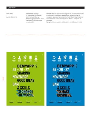 ↘ BEMYAPP


         anno: 2011               descrizione: strategia             concept: oltre 750 i presenti nel padiglione 81 della Fiera del Levante
                                  di storytelling crossmediale,      di Bari per la prima tappa di BeMyApp Italy, la maratona per lo
         cliente: Quiris s.n.c.   community building su              sviluppo di applicazioni per dispositivi mobili di ultima generazione,
                                  Facebook, gestione social media,   i cui partecipanti hanno condiviso, quasi 30 idee e sviluppato 10
                                  campagna di comunicazione          nuove app.
                                  a mezzo video                      Il progetto è stato curato in collaborazione con Laboratorio Orfeo
visual
 