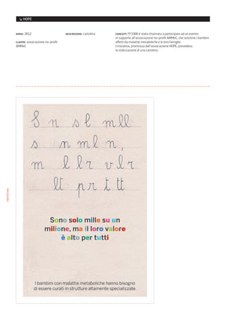 ↘ HOPE


            anno: 2012                        descrizione: cartolina   concept: FF3300 è stata chiamata a partecipare ad un evento
                                                                       in supporto all’associazione no-profit AMMeC, che sostiene i bambini
            cliente: associazione no-profit                            affetti da malattie metaboliche e le loro famiglie.
            AMMeC                                                      L’iniziativa, promossa dall’associazione HOPE, prevedeva
                                                                       la realizzazione di una cartolina
cartolina
 
