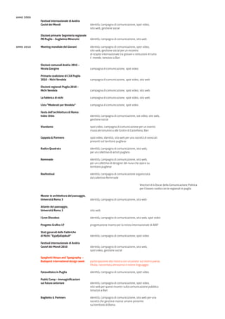 anno 2009
            Festival internazionale di Andria
            Castel dei Mondi                         identità, campagna di comunicazione, spot video,
                                                     sito web, gestione social

            Elezioni primarie Segreteria regionale
            PD Puglia – Guglielmo Minervini          identità, campagna di comunicazione, sito web

anno 2010   Meeting mondiale dei Giovani             identità, campagna di comunicazione, spot video,
                                                     sito web, gestione social per un incontro
                                                     di respito internazionale tra giovani e istituzioni di tutto
                                                     il mondo, tenutosi a Bari

            Elezioni comunali Andria 2010 –
            Nicola Giorgino                          campagna di comunicazione, spot video

            Primarie coalizione di CSX Puglia
            2010 – Nichi Vendola                     campagna di comunicazione, spot video, sito web

            Elezioni regionali Puglia 2010 –
            Nichi Vendola                            campagna di comunicazione, spot video, sito web

            La fabbrica di nichi                     campagna di comunicazione, spot video, sito web

            Lista “Moderati per Vendola”             campagna di comunicazione, spot video

            Festa dell’architettura di Roma:
            Index Urbis                              identità, campagna di comunicazione, sot video, sito web,
                                                     gestione social

            Viandante                                spot video, campagna di comunicazione per un evento
                                                     musicale tenutosi a alle Grotte di Castellana, Bari

            Coppola & Partners                       spot video, identità, sito web per una società di avvocati
                                                     presenti sul territorio pugliese

            Radice Quadrata                          identità, campagna di comunicazione, sito web,
                                                     per un collettivo di artisti pugliesi

            Remmade                                  identità, campagna di comunicazione, sito web,
                                                     per un collettivo di designer del riuso che opera su
                                                     territorio pugliese

            Reefestival                              identità, campagna di comunicazione organizzata
                                                     dal collettivo Remmade

                                                                                                 Vincitori di 4 Oscar della Comunicazione Politica
                                                                                                 per il lavoro svolto con le regionali in puglia

            Master in architettura del paesaggio,
            Università Roma 3                        identità, campagna di comunicazione, sito web

            Atlante del paesaggio,
            Università Roma 3                        sito web

            I Love Discobus                          identità, campagna di comunicazione, sito web, spot video

            Progetto Grafico 17                      progettazione inserto per la rivista internazionale di AIAP

            Stati generali delle Fabbriche
            di Nichi: “Eyjafjallajokull”             identità, campagna di comunicazione, spot video

            Festival internazionale di Andria
            Castel dei Mondi 2010                    identità, campagna di comunicazione, sito web,
                                                     spot video, gestione social

            Spaghetti Vespa and Typography –
            Budapest international design week       partecipazione alla mostra con un poster sul nostro paese,
                                                     l’Italia, raccontata attraverso il nostro linguaggio

            Fotovoltaico in Puglia                   identità, campagna di comunicazione, spot video

            Public Camp – Immaginificazioni
            sul futuro anteriore                     identità, campagna di comunicazione, spot video,
                                                     sito web per questi incontri sulla comunicazione pubblica
                                                     tenutosi a Bari

            Baglietto & Partners                     identità, campagna di comunicazione, sito web per una
                                                     società che gestisce risorse umane presente
                                                     sul territorio di Roma
 