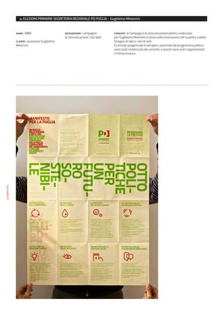 ↘ ELEZIONI PRIMARIE SEGRETERIA REGIONALE PD PUGLIA – Guglielmo Minervini


             anno: 2009                     descrizione: campagna        concept: la Campagna di comunicazione politica realizzata
                                            di comunicazione, sito web   per Guglielmo Minervini si basa sulla convinzione che la politica abbia
             cliente: assessore Guglielmo                                bisogno di idee e non di volti.
             Minervini                                                   Il concept progettuale è semplice: partendo dal programma politico
                                                                         sono stati sintetizzati dei concetti, e questi sono stati rappresentati
                                                                         in forma iconica
pieghevole
 