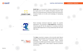 CAPITAL PARTICIPATION          COMPANY PROFILE




        DAISY-Net is a Consortium company established for being
        the Apulia pivot for ICT matters throughout Southern Italy.
        Macnil is an important point of reference within the Consortium
        Company thanks to its skills and knowledge of developing
        business.




        Macnil develops advanced electronic system for specific
        applications. The acquisition of Microlaben Srl, a Polytechnic
        University spin-off, has the objective of counting an external
        well-built R&D department in strong relationship with the inner
        R&D team.




        The Intec consortium company is the tool with which Macnil
        applies to Regional Public Procurement within the ICT sections.
        Nowadays     the   Consortium     company     claims   several
        participations to R&D regional Public projects. The Consortium
        company is able to offer a wide range of high-tech products
        and services.


11/18
 