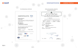 PATENT&CERTIFICATION           COMPANY PROFILE




        TÜV-INTERNATIONAL CERTIFICATE   PATENT FOR INDUSTRIAL INVENTION:
                                            “Revealing Vehicle System”.




13/18
 