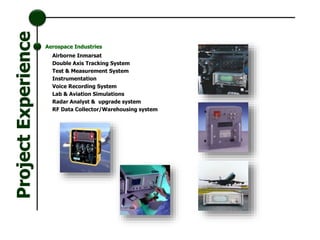 Airborne Inmarsat
Double Axis Tracking System
Test & Measurement System
Instrumentation
Voice Recording System
Lab & Aviation Simulations
Radar Analyst & upgrade system
RF Data Collector/Warehousing system
Aerospace Industries
ProjectExperience
 