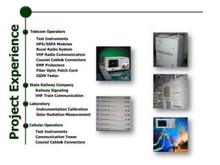 Test Instruments
HPA/SSPA Modules
Rural Radio System
VHF Radio Communication
Coaxial Cable& Connectors
EMP Protectors
Fiber Optic Patch Cord
ISDN Tester
Railway Signaling
VHF Train Communication
Test Instruments
Communication Tower
Coaxial Cable& Connectors
Cellular Operators
Telecom Operators
Instrumentation Calibration
Solar Radiation Measurement
Laboratory
ProjectExperience
State Railway Company
 