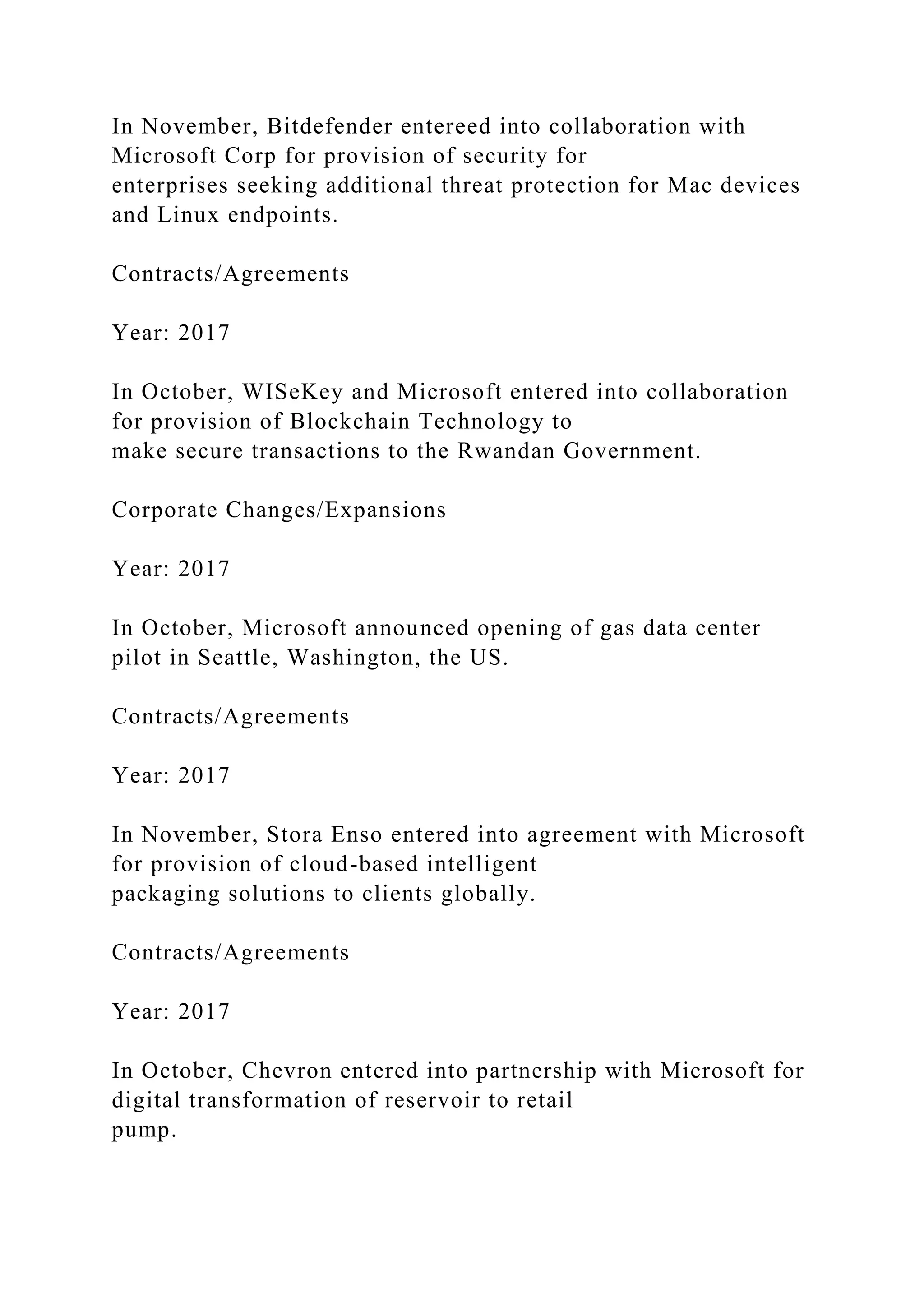 In November, Bitdefender entereed into collaboration with
Microsoft Corp for provision of security for
enterprises seeking additional threat protection for Mac devices
and Linux endpoints.
Contracts/Agreements
Year: 2017
In October, WISeKey and Microsoft entered into collaboration
for provision of Blockchain Technology to
make secure transactions to the Rwandan Government.
Corporate Changes/Expansions
Year: 2017
In October, Microsoft announced opening of gas data center
pilot in Seattle, Washington, the US.
Contracts/Agreements
Year: 2017
In November, Stora Enso entered into agreement with Microsoft
for provision of cloud-based intelligent
packaging solutions to clients globally.
Contracts/Agreements
Year: 2017
In October, Chevron entered into partnership with Microsoft for
digital transformation of reservoir to retail
pump.
 
