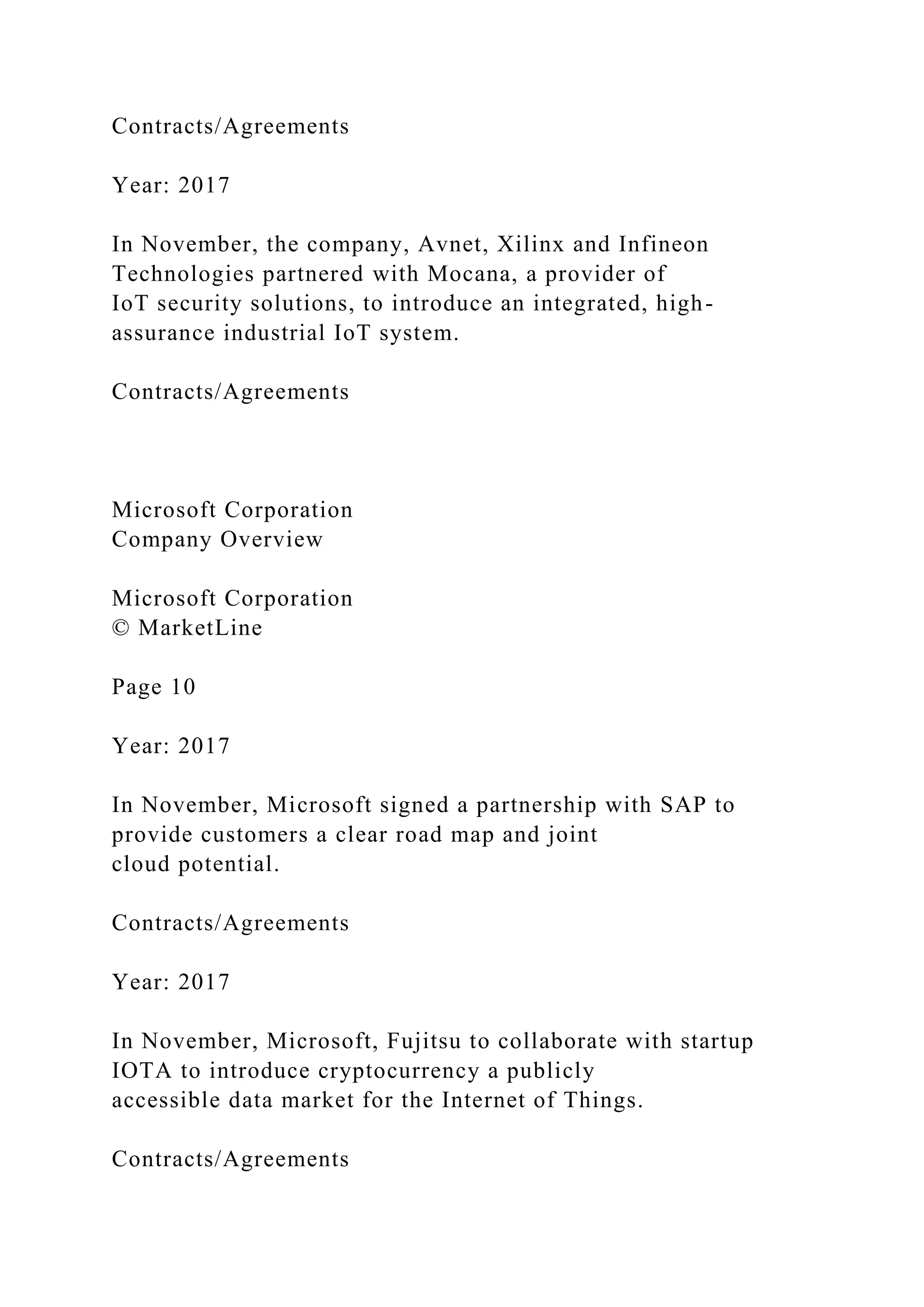 Contracts/Agreements
Year: 2017
In November, the company, Avnet, Xilinx and Infineon
Technologies partnered with Mocana, a provider of
IoT security solutions, to introduce an integrated, high-
assurance industrial IoT system.
Contracts/Agreements
Microsoft Corporation
Company Overview
Microsoft Corporation
© MarketLine
Page 10
Year: 2017
In November, Microsoft signed a partnership with SAP to
provide customers a clear road map and joint
cloud potential.
Contracts/Agreements
Year: 2017
In November, Microsoft, Fujitsu to collaborate with startup
IOTA to introduce cryptocurrency a publicly
accessible data market for the Internet of Things.
Contracts/Agreements
 