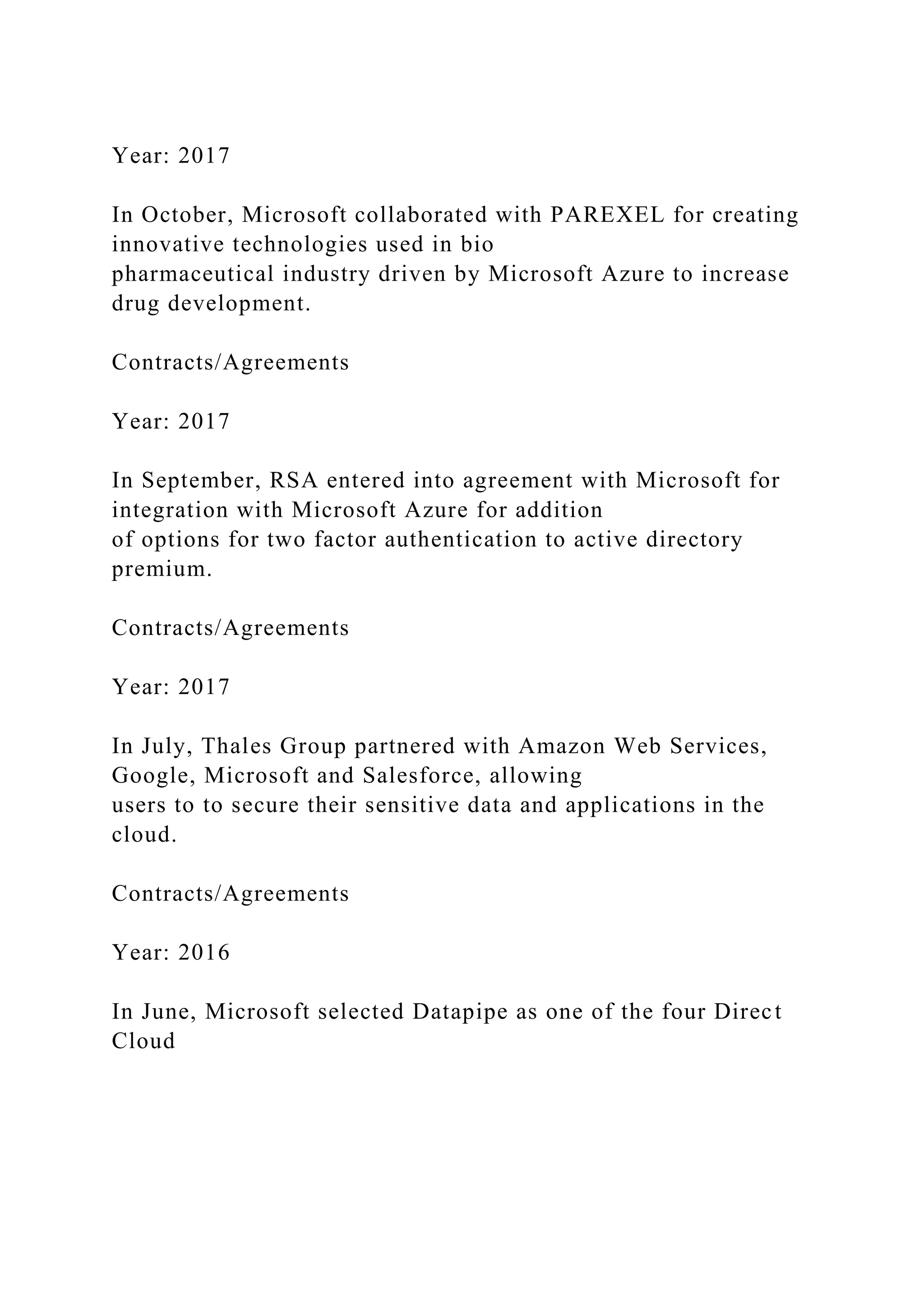 Year: 2017
In October, Microsoft collaborated with PAREXEL for creating
innovative technologies used in bio
pharmaceutical industry driven by Microsoft Azure to increase
drug development.
Contracts/Agreements
Year: 2017
In September, RSA entered into agreement with Microsoft for
integration with Microsoft Azure for addition
of options for two factor authentication to active directory
premium.
Contracts/Agreements
Year: 2017
In July, Thales Group partnered with Amazon Web Services,
Google, Microsoft and Salesforce, allowing
users to to secure their sensitive data and applications in the
cloud.
Contracts/Agreements
Year: 2016
In June, Microsoft selected Datapipe as one of the four Direct
Cloud
 