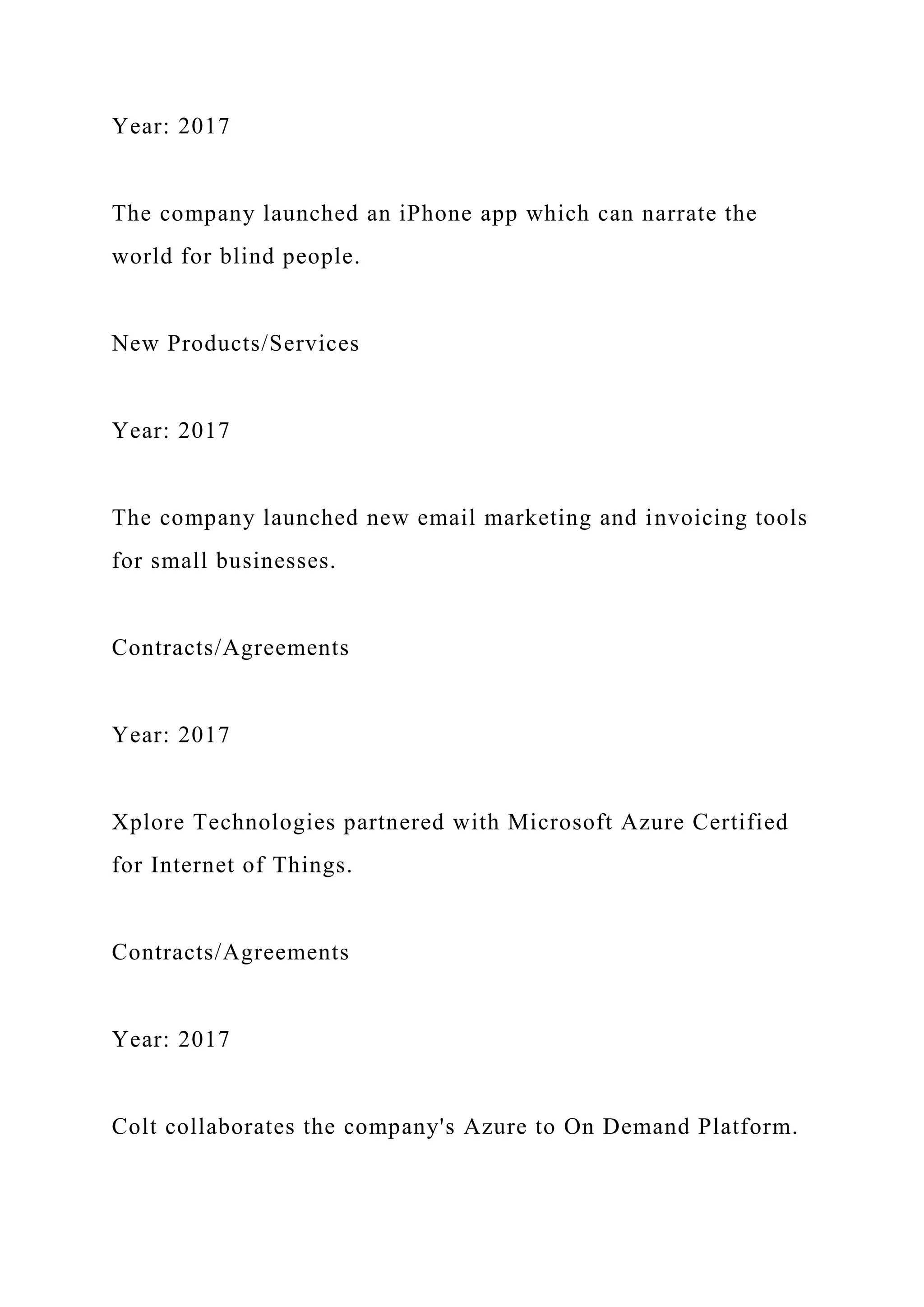Year: 2017
The company launched an iPhone app which can narrate the
world for blind people.
New Products/Services
Year: 2017
The company launched new email marketing and invoicing tools
for small businesses.
Contracts/Agreements
Year: 2017
Xplore Technologies partnered with Microsoft Azure Certified
for Internet of Things.
Contracts/Agreements
Year: 2017
Colt collaborates the company's Azure to On Demand Platform.
 