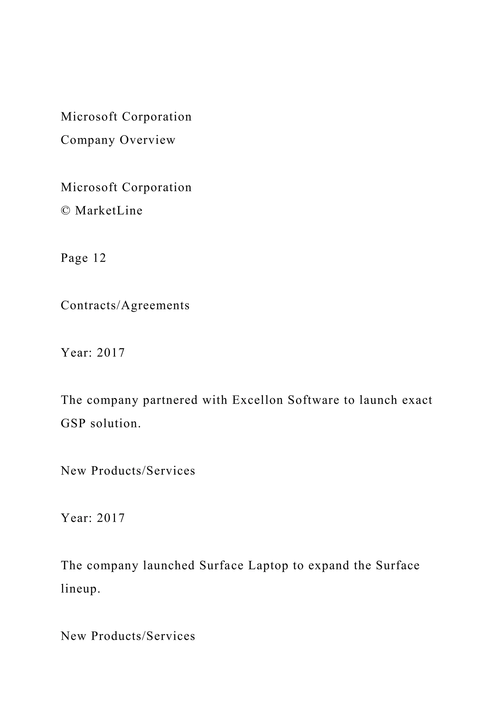 Microsoft Corporation
Company Overview
Microsoft Corporation
© MarketLine
Page 12
Contracts/Agreements
Year: 2017
The company partnered with Excellon Software to launch exact
GSP solution.
New Products/Services
Year: 2017
The company launched Surface Laptop to expand the Surface
lineup.
New Products/Services
 