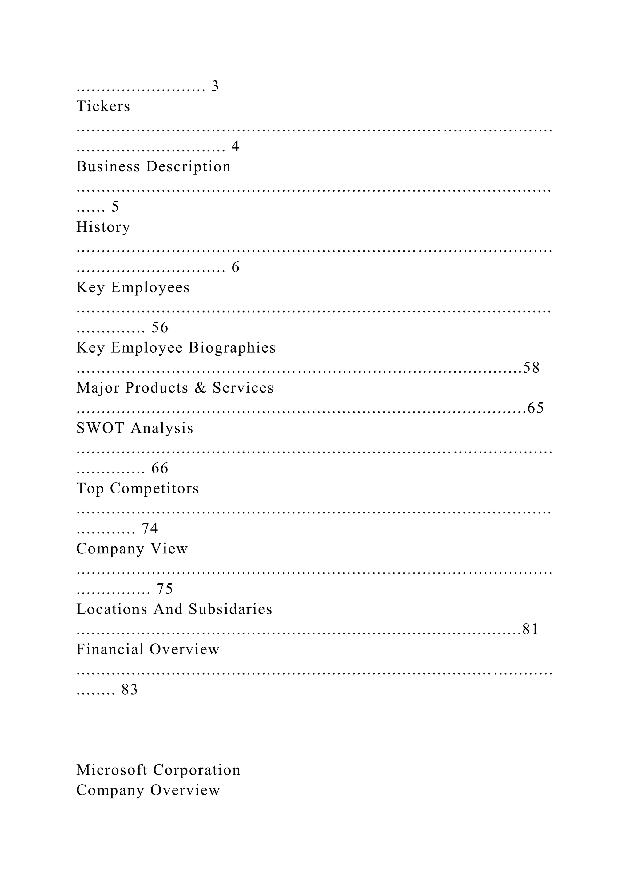 .......................... 3
Tickers
...............................................................................................
.............................. 4
Business Description
...............................................................................................
...... 5
History
...............................................................................................
.............................. 6
Key Employees
...............................................................................................
.............. 56
Key Employee Biographies
.........................................................................................58
Major Products & Services
..........................................................................................65
SWOT Analysis
...............................................................................................
.............. 66
Top Competitors
...............................................................................................
............ 74
Company View
...............................................................................................
............... 75
Locations And Subsidaries
.........................................................................................81
Financial Overview
...............................................................................................
........ 83
Microsoft Corporation
Company Overview
 
