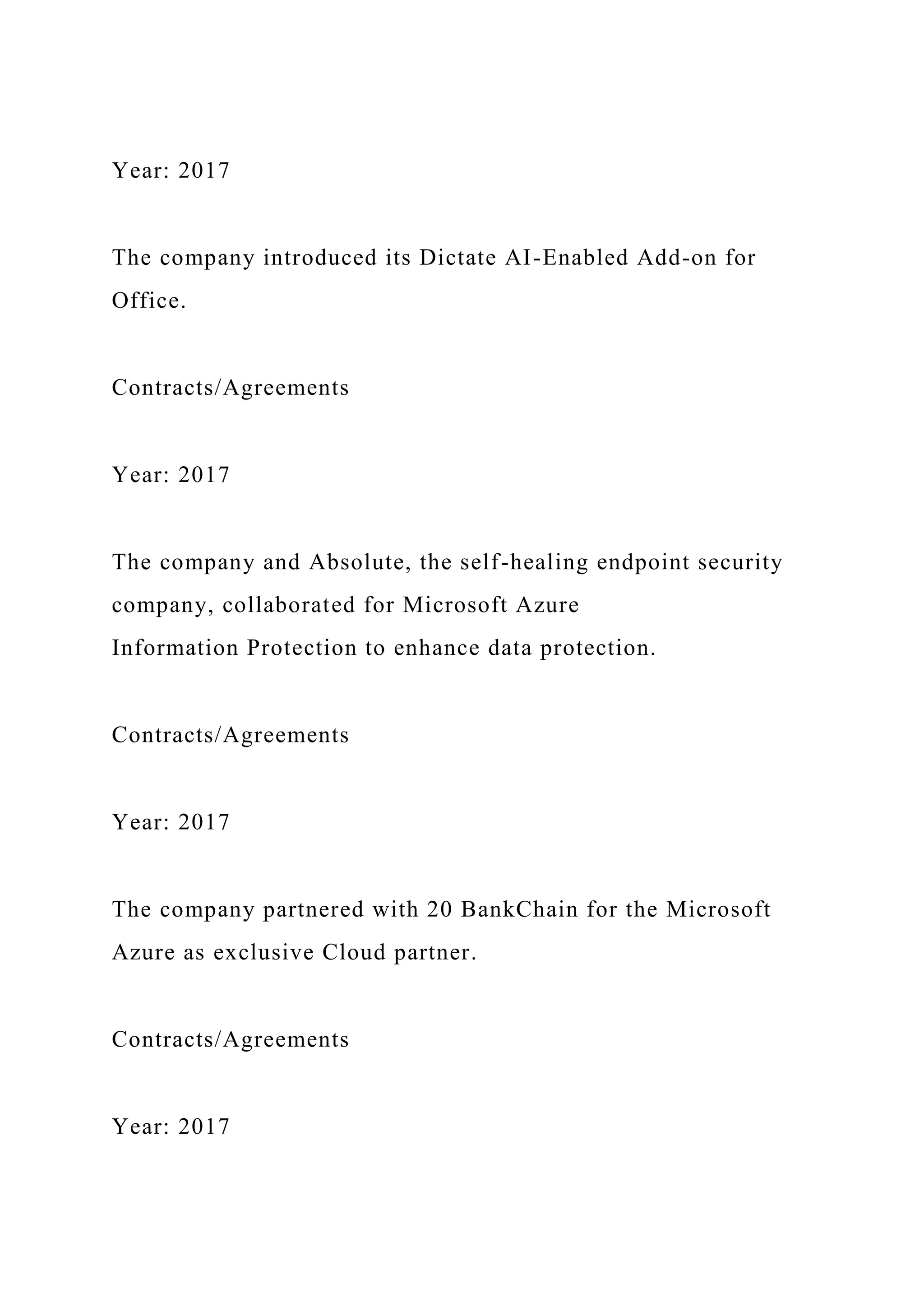Year: 2017
The company introduced its Dictate AI-Enabled Add-on for
Office.
Contracts/Agreements
Year: 2017
The company and Absolute, the self-healing endpoint security
company, collaborated for Microsoft Azure
Information Protection to enhance data protection.
Contracts/Agreements
Year: 2017
The company partnered with 20 BankChain for the Microsoft
Azure as exclusive Cloud partner.
Contracts/Agreements
Year: 2017
 
