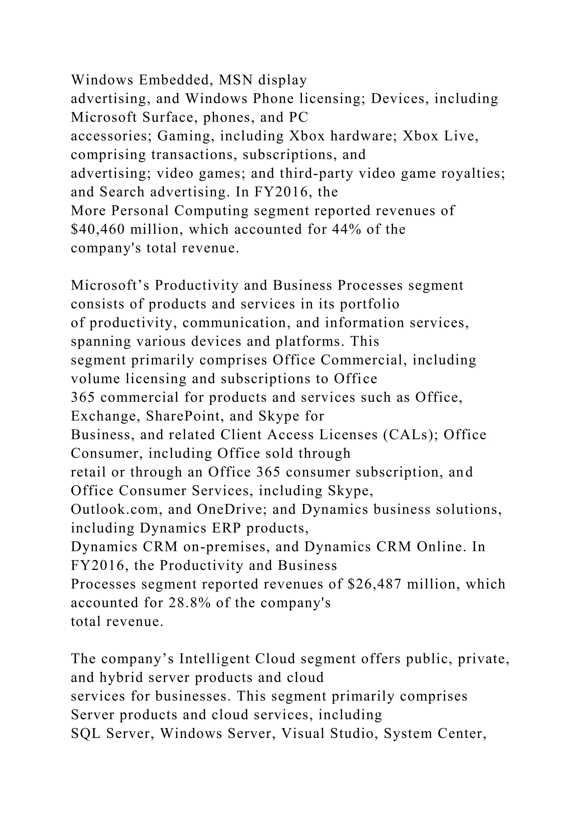 Windows Embedded, MSN display
advertising, and Windows Phone licensing; Devices, including
Microsoft Surface, phones, and PC
accessories; Gaming, including Xbox hardware; Xbox Live,
comprising transactions, subscriptions, and
advertising; video games; and third-party video game royalties;
and Search advertising. In FY2016, the
More Personal Computing segment reported revenues of
$40,460 million, which accounted for 44% of the
company's total revenue.
Microsoft’s Productivity and Business Processes segment
consists of products and services in its portfolio
of productivity, communication, and information services,
spanning various devices and platforms. This
segment primarily comprises Office Commercial, including
volume licensing and subscriptions to Office
365 commercial for products and services such as Office,
Exchange, SharePoint, and Skype for
Business, and related Client Access Licenses (CALs); Office
Consumer, including Office sold through
retail or through an Office 365 consumer subscription, and
Office Consumer Services, including Skype,
Outlook.com, and OneDrive; and Dynamics business solutions,
including Dynamics ERP products,
Dynamics CRM on-premises, and Dynamics CRM Online. In
FY2016, the Productivity and Business
Processes segment reported revenues of $26,487 million, which
accounted for 28.8% of the company's
total revenue.
The company’s Intelligent Cloud segment offers public, private,
and hybrid server products and cloud
services for businesses. This segment primarily comprises
Server products and cloud services, including
SQL Server, Windows Server, Visual Studio, System Center,
 