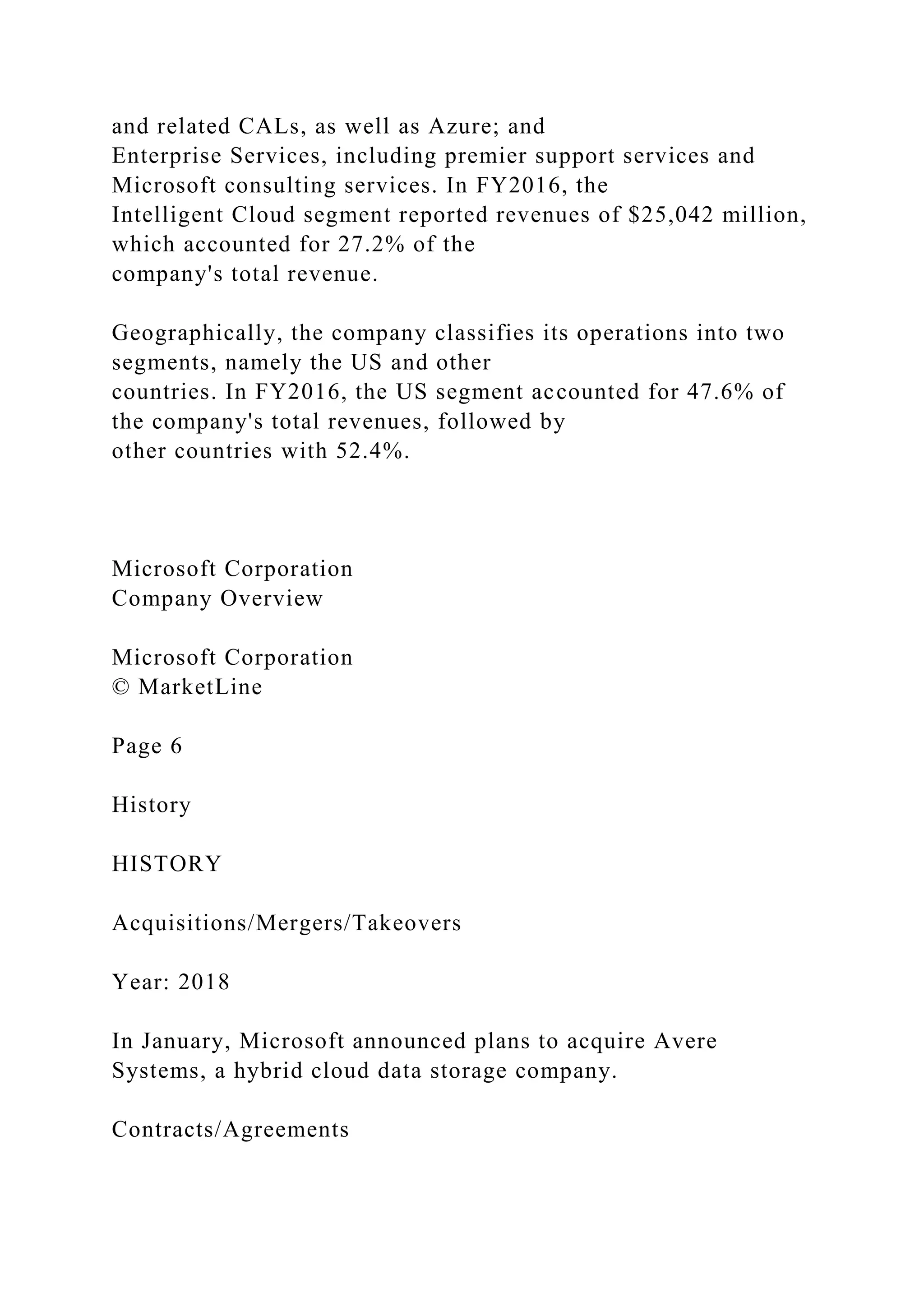 and related CALs, as well as Azure; and
Enterprise Services, including premier support services and
Microsoft consulting services. In FY2016, the
Intelligent Cloud segment reported revenues of $25,042 million,
which accounted for 27.2% of the
company's total revenue.
Geographically, the company classifies its operations into two
segments, namely the US and other
countries. In FY2016, the US segment accounted for 47.6% of
the company's total revenues, followed by
other countries with 52.4%.
Microsoft Corporation
Company Overview
Microsoft Corporation
© MarketLine
Page 6
History
HISTORY
Acquisitions/Mergers/Takeovers
Year: 2018
In January, Microsoft announced plans to acquire Avere
Systems, a hybrid cloud data storage company.
Contracts/Agreements
 