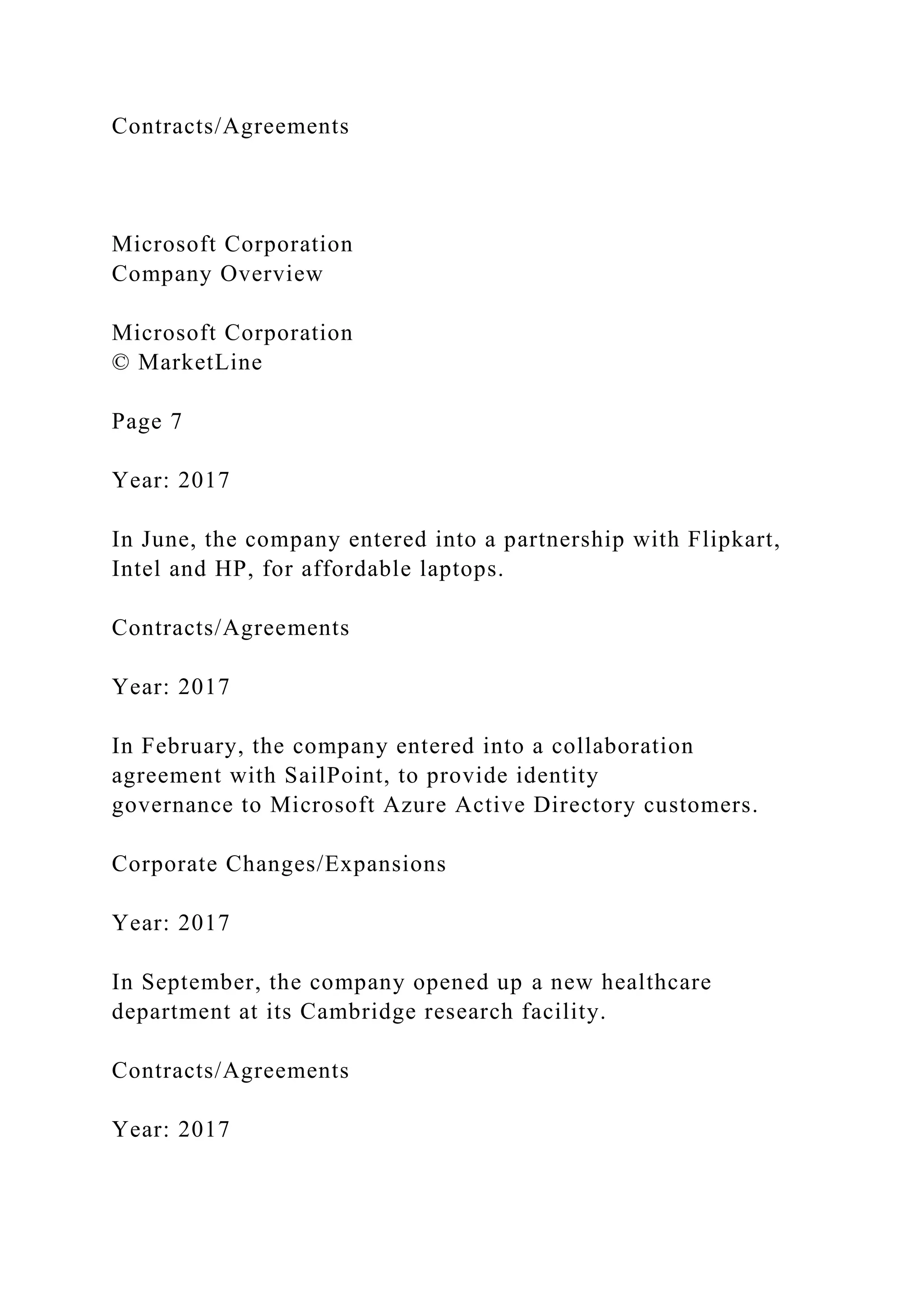 Contracts/Agreements
Microsoft Corporation
Company Overview
Microsoft Corporation
© MarketLine
Page 7
Year: 2017
In June, the company entered into a partnership with Flipkart,
Intel and HP, for affordable laptops.
Contracts/Agreements
Year: 2017
In February, the company entered into a collaboration
agreement with SailPoint, to provide identity
governance to Microsoft Azure Active Directory customers.
Corporate Changes/Expansions
Year: 2017
In September, the company opened up a new healthcare
department at its Cambridge research facility.
Contracts/Agreements
Year: 2017
 