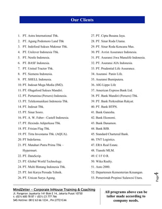 MindZetter - Corporate InHouse Training & Coaching
Jl. Pangeran Jayakarta 141 Blok E 14, Jakarta Pusat 10730
t: (021) 600 78 87 / (021) 23 777 766
SMS Hotline: 0812 63 66 1234 , Pin:27721C4A 4
All programs above can be
tailor made according to
company needs.
Page4
1. PT. Astra International Tbk.
2. PT. Agung Podomoro Land Tbk
3. PT. Indofood Sukses Makmur Tbk.
4. PT. Unilever Indonesia Tbk.
5. PT. Nestle Indonesia.
6. PT. BASF Indonesia.
7. PT. United Tractor Tbk.
8. PT. Siemens Indonesia.
9. PT. SHELL Indonesia.
10. PT. Indosat Mega Media (IM2).
11. PT. Olagafood Sukses Mandiri.
12. PT. Pertamina (Persero) Indonesia.
13. PT. Telekomunikasi Indonesia Tbk.
14. PT. Indosat Tbk.
15. PT. Sinar Sosro.
16. PT. A. W. Faber - Castell Indonesia.
17. PT. Hexindo Adiperkasa Tbk.
18. PT. Frisian Flag Tbk.
19. PT. Tirta Investama Tbk. (AQUA).
20. PT Indofarma.
21. PT. Matahari Putra Prima Tbk –
Hypermart.
22. PT. DataScrip.
23. PT. Global World Technology.
24. PT. Multi Bintang Indonesia Tbk.
25. PT. Inti Karya Persada Tehnik.
26. PT. Unican Surya Agung.
27. PT. Cipta Busana Jaya.
28. PT. Sinar Roda Utama.
29. PT. Sinar Roda Kencana Mas.
30. PT. Avrist Assurance Indonesia.
31. PT. Asuransi Jiwa Manulife Indonesia.
32. PT. Asuransi AIA Indonesia.
33. PT. Prudential Life Assurance.
34. Asuransi Panin Life.
35. Asuransi Bumiputera.
36. AIG Lippo Life
37. American Express Bank Ltd.
38. PT. Bank Mandiri (Persero) Tbk.
39. PT. Bank Perkreditan Rakyat.
40. PT. Bank BTPN.
41. Bank Ganesha.
42. Bank Ekonomi.
43. Bank Danamon.
44. Bank BJB.
45. Standard Chartered Bank.
46. TNT Logistics.
47. ERA Real Estate.
48. Tianshi MLM.
49. C I F O R.
50. Wika Realty.
51. Auto 2000.
52. Departemen Kementerian Keuangan.
53. Pemerintah Propinsi Sulawesi Utara.
Our Clients
 