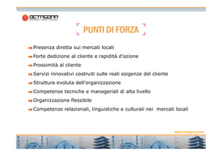 PPPPUUUUNNNNTTTTIIII DDDDIIII FFFFOOOORRRRZZZZAAAA 
Presenza diretta sui mercati locali 
Forte dedizione al cliente e rapidità d’azione 
Prossimità al cliente 
Servizi innovativi costruiti sulle reali esigenze del cliente 
www.octagona.com 
3 
Struttura evoluta dell’organizzazione 
Competenze tecniche e manageriali di alto livello 
Organizzazione flessibile 
Competenze relazionali, linguistiche e culturali nei mercati locali 
3 
 