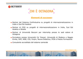 CCCCHHHHIIII ÈÈÈÈ OOOOCCCCTTTTAAAAGGGGOOOONNNNAAAA 
Elementi di successo: 
Partner del Sistema Confindustria su progetti di internazionalizzazione in 
India e Sud Est Asiatico 
Partner di CDO su progetti di internazionalizzazione in India, Sud Est 
Asiatico e Brasile 
www.octagona.com 
6 
6 
Partner di Università Bocconi per internship presso le sedi estere di 
Octagona 
Formatore presso Università Ca’ Foscari, Università di Modena e Reggio 
Emilia, ISPI, NIBI, CIS, Forpin, Nuova Didactica, IFOA e Pistoia Formazione 
Consulente accreditato del sistema camerale 
 