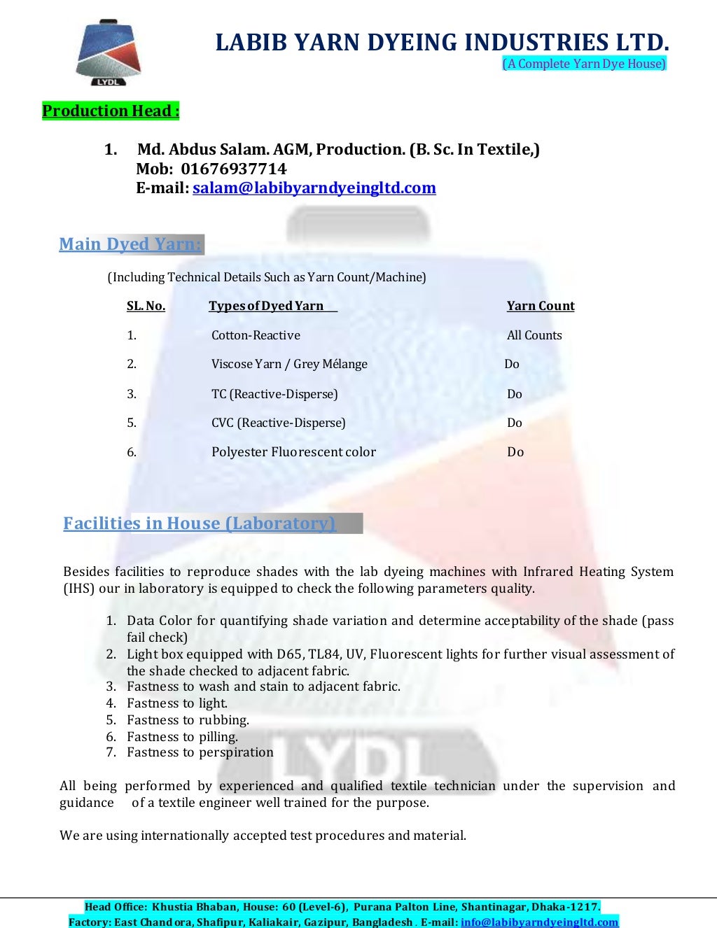 Company profile of labib yarn dyeing industries ltd