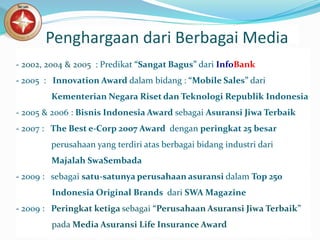 SQA/SQC/STAE/Company Profile/Sept 12
Penghargaan dari Berbagai Media
- 2002, 2004 & 2005 : Predikat “Sangat Bagus” dari InfoBank
- 2005 : Innovation Award dalam bidang : “Mobile Sales” dari
Kementerian Negara Riset dan Teknologi Republik Indonesia
- 2005 & 2006 : Bisnis Indonesia Award sebagai Asuransi Jiwa Terbaik
- 2007 : The Best e-Corp 2007 Award dengan peringkat 25 besar
perusahaan yang terdiri atas berbagai bidang industri dari
Majalah SwaSembada
- 2009 : sebagai satu-satunya perusahaan asuransi dalam Top 250
Indonesia Original Brands dari SWA Magazine
- 2009 : Peringkat ketiga sebagai “Perusahaan Asuransi Jiwa Terbaik”
pada Media Asuransi Life Insurance Award
 