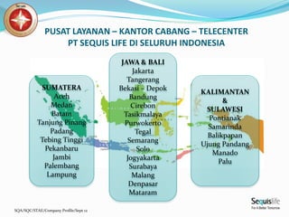 SQA/SQC/STAE/Company Profile/Sept 12
SUMATERA
Aceh
Medan
Batam
Tanjung Pinang
Padang
Tebing Tinggi
Pekanbaru
Jambi
Palembang
Lampung
JAWA & BALI
Jakarta
Tangerang
Bekasi – Depok
Bandung
Cirebon
Tasikmalaya
Purwokerto
Tegal
Semarang
Solo
Jogyakarta
Surabaya
Malang
Denpasar
Mataram
KALIMANTAN
&
SULAWESI
Pontianak
Samarinda
Balikpapan
Ujung Pandang
Manado
Palu
PUSAT LAYANAN – KANTOR CABANG – TELECENTER
PT SEQUIS LIFE DI SELURUH INDONESIA
 